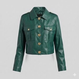 7 For All Mankind Faux Leather Jacket Womens Medium Green Cropped Military